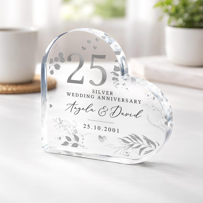 Personalised 25th Wedding Anniversary Gift, Silver Anniversary Plaque for Mum Dad Grandparents, Polished Acrylic