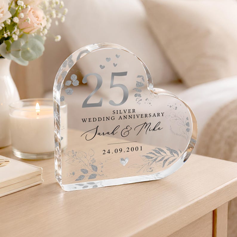 Personalised 25th Wedding Anniversary Gift, Silver Anniversary Plaque for Mum Dad Grandparents, Polished Acrylic