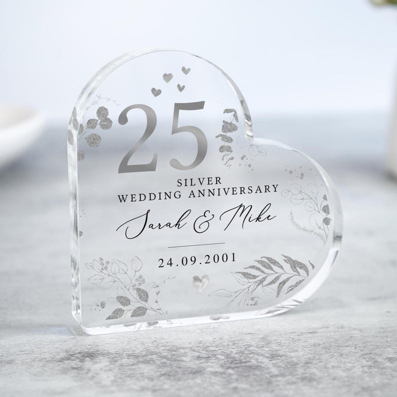 Personalised 25th Wedding Anniversary Gift, Silver Anniversary Plaque for Mum Dad Grandparents, Polished Acrylic