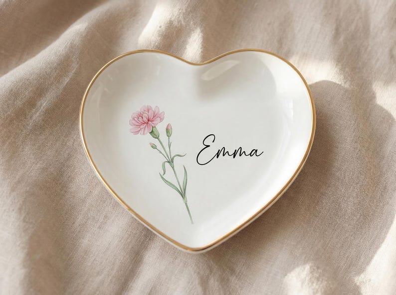 Mother's Day Gift, Personalized Ceramic Trinket Dish, Birth Flower Jewelry Tray for Mom, Custom Name Gift, Gold Rim Tray, Birthday Present