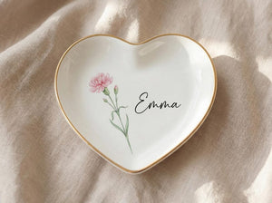 Mother's Day Gift, Personalized Ceramic Trinket Dish, Birth Flower Jewelry Tray for Mom, Custom Name Gift, Gold Rim Tray, Birthday Present