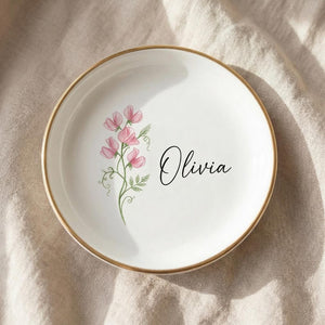 Mother's Day Gift, Personalized Ceramic Trinket Dish, Birth Flower Jewelry Tray for Mom, Custom Name Gift, Gold Rim Tray, Birthday Present