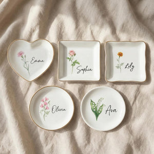 Mother's Day Gift, Personalized Ceramic Trinket Dish, Birth Flower Jewelry Tray for Mom, Custom Name Gift, Gold Rim Tray, Birthday Present