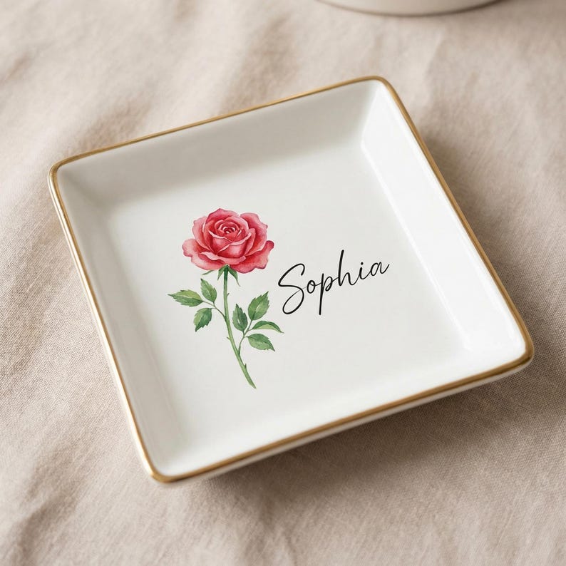 Mother's Day Gift, Personalized Ceramic Trinket Dish, Birth Flower Jewelry Tray for Mom, Custom Name Gift, Gold Rim Tray, Birthday Present