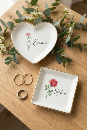 Mother's Day Gift, Personalized Ceramic Trinket Dish, Birth Flower Jewelry Tray for Mom, Custom Name Gift, Gold Rim Tray, Birthday Present