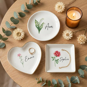 Mother's Day Gift, Personalized Ceramic Trinket Dish, Birth Flower Jewelry Tray for Mom, Custom Name Gift, Gold Rim Tray, Birthday Present
