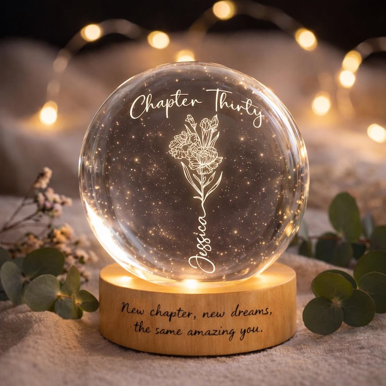 Personalized Birth Flower Night Light, Crystal Ball Birth Month Flower Lamp, 30th Birthday Gift For Friend Daughter Wife
