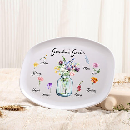 Personalized Grandma's Garden Platter with Grandkids Birth Flowers, Custom Mother's Day Gift for Nana, Birth Flower Serving Tray, Mimi Gift