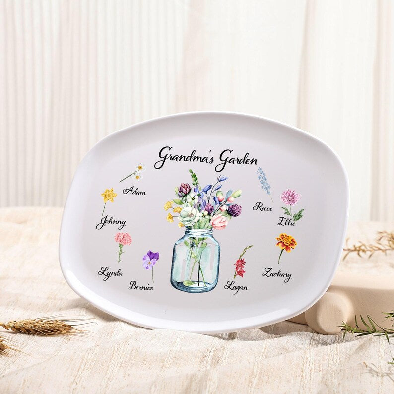 Personalized Grandma's Garden Platter with Grandkids Birth Flowers, Custom Mother's Day Gift for Nana, Birth Flower Serving Tray, Mimi Gift