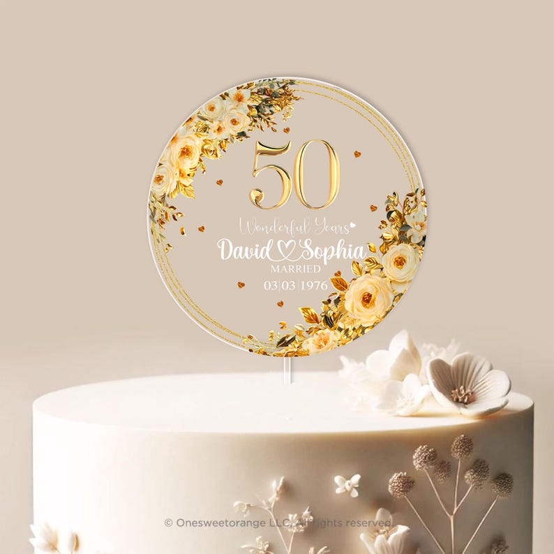Personalized 50th Wedding Anniversary Acrylic Cake Topper, 50 Gold Wedding Gifts For Parents, Golden 50 Anniversary Gift, Husband Gift