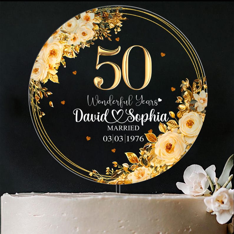 Personalized 50th Wedding Anniversary Acrylic Cake Topper, 50 Gold Wedding Gifts For Parents, Golden 50 Anniversary Gift, Husband Gift