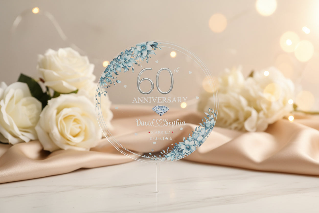Personalized 60th Wedding Anniversary Acrylic Cake Topper, 60th Diamond Wedding Cake Topper, 60 Anniversary, 60th Wedding Anniversary Decor
