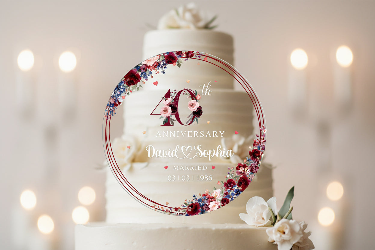 Personalized 40th Wedding Anniversary Acrylic Cake Topper, 40 Ruby Wedding Gifts For Parents, Ruby 40 Anniversary Gift, Husband Gift