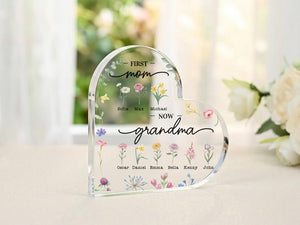 Personalized Acrylic Plaque for Mom Grandma, Custom Heart Keepsake with Kids Names, Mother's Day Gift, Birthday Gift