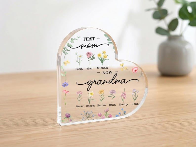 Personalized Acrylic Plaque for Mom Grandma, Custom Heart Keepsake with Kids Names, Mother's Day Gift, Birthday Gift