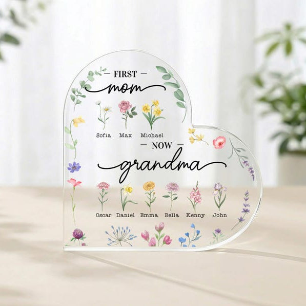 Personalized Acrylic Plaque for Mom Grandma, Custom Heart Keepsake with Kids Names, Mother's Day Gift, Birthday Gift