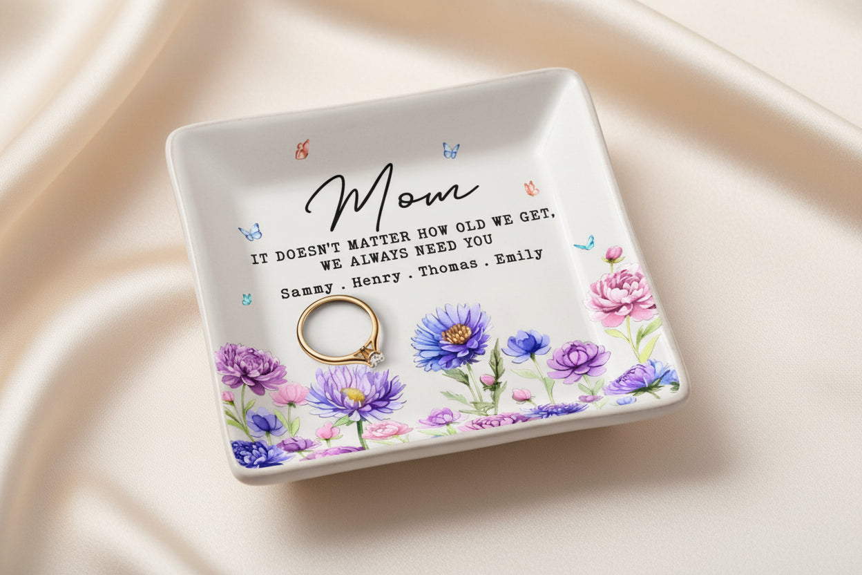 Personalized Mom Jewelry Dish with Kids Names, Custom Mother Gift Trinket Dish, Floral Mom Ring Holder, Mother s Day Keepsake Gift