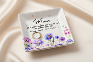 Personalized Mom Jewelry Dish with Kids Names, Custom Mother Gift Trinket Dish, Floral Mom Ring Holder, Mother s Day Keepsake Gift