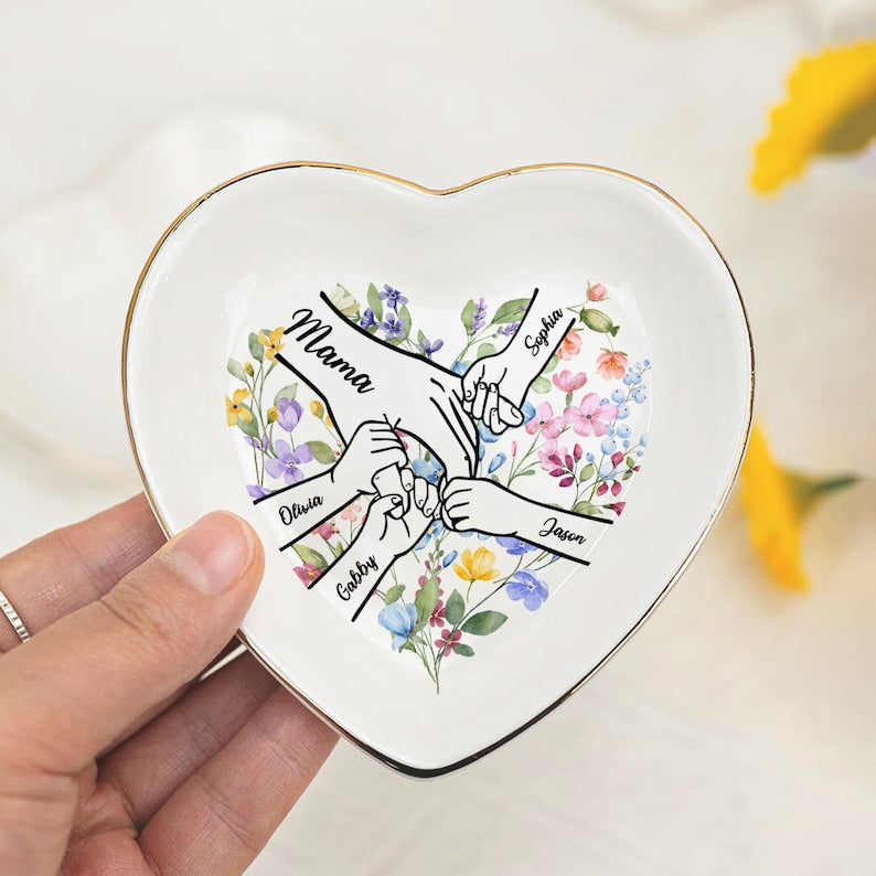 Personalized Flower Hand In Hand Ring Dish, Mother's Day Gift, Family Ring Holder, Birth Month Flower Dish, Mom Birthday Gift, Grandma Gift