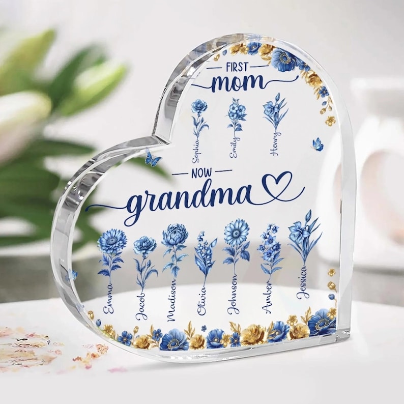 Personalized First Mom Now Grandma Acrylic Heart, Custom Birth Flower Family Garden Plaque, Mother's Day Gift, Toile De Jouy Keepsake