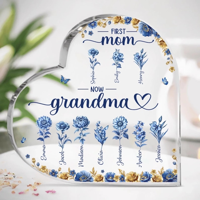 Personalized First Mom Now Grandma Acrylic Heart, Custom Birth Flower Family Garden Plaque, Mother's Day Gift, Toile De Jouy Keepsake
