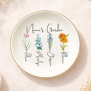 Personalised Birth Flower Ring Dish, Gifts for Grandma Nana Mom, Bridesmaid Gift,Custom Birth Flower Trinket Dish,Birthday Jewelry Dish