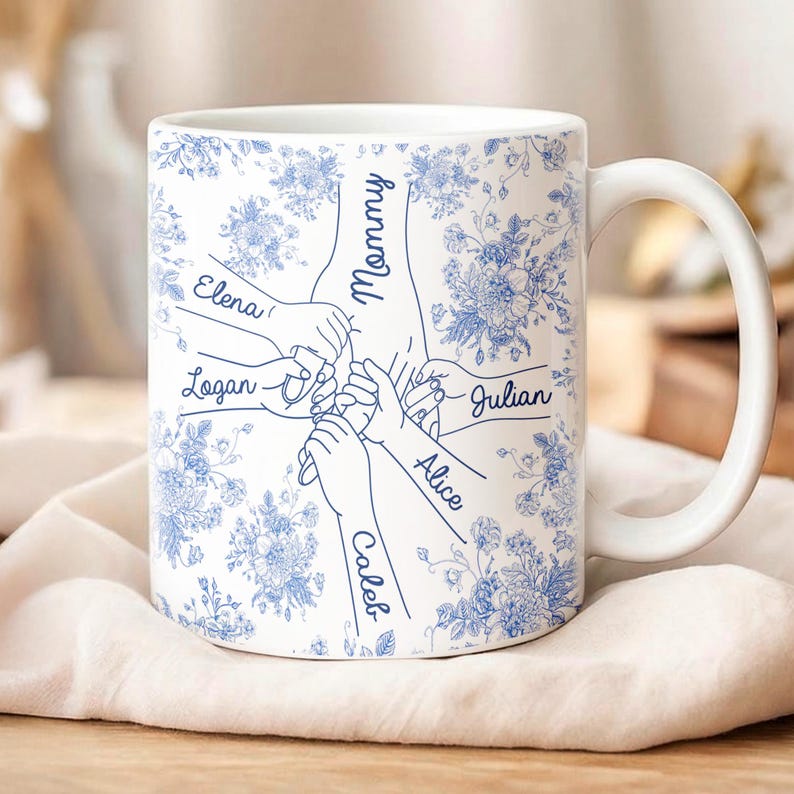Personalized Holding Hands Grandma Mug, Toile De Jouy Mug Gift for Nana, Mother's Day Gift from Grandkids