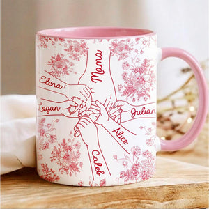 Personalized Holding Hands Grandma Mug, Toile De Jouy Mug Gift for Nana, Mother's Day Gift from Grandkids