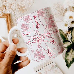 Personalized Holding Hands Grandma Mug, Toile De Jouy Mug Gift for Nana, Mother's Day Gift from Grandkids