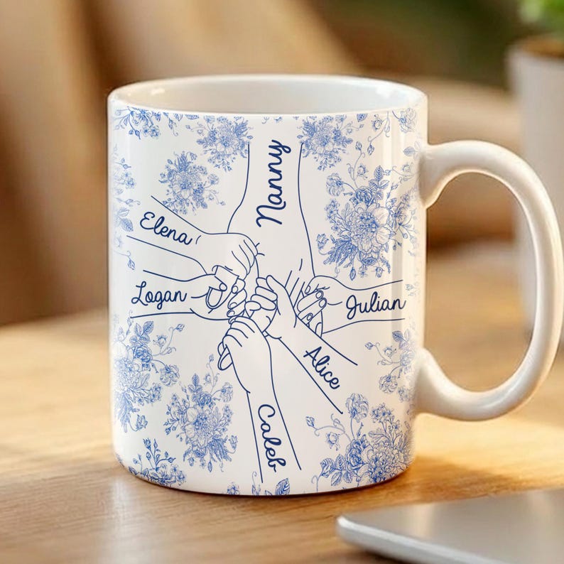 Personalized Holding Hands Grandma Mug, Toile De Jouy Mug Gift for Nana, Mother's Day Gift from Grandkids