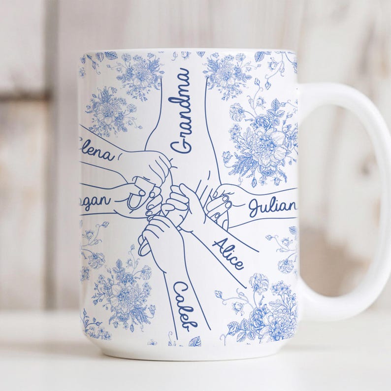 Personalized Holding Hands Grandma Mug, Toile De Jouy Mug Gift for Nana, Mother's Day Gift from Grandkids