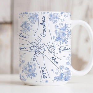 Personalized Holding Hands Grandma Mug, Toile De Jouy Mug Gift for Nana, Mother's Day Gift from Grandkids
