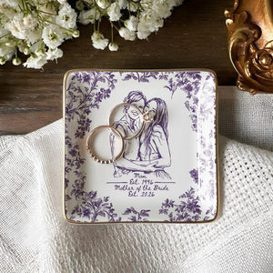 Personalized Mother of the Bride Photo Jewelry Dish, Custom Toile De Jouy Mom Photo Ring Dish, MOB MOG Wedding Gift from Daughter