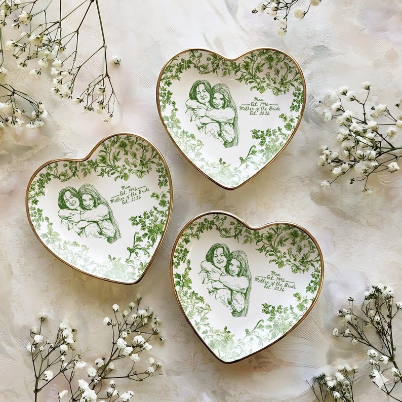 Personalized Mother of the Bride Photo Jewelry Dish, Custom Toile De Jouy Mom Photo Ring Dish, MOB MOG Wedding Gift from Daughter