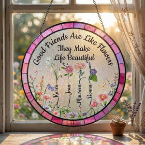 Personalized Good Friend Stained Glass Suncatcher Custom Floral Window Hanging with Names Friendship Gift for Best Friends