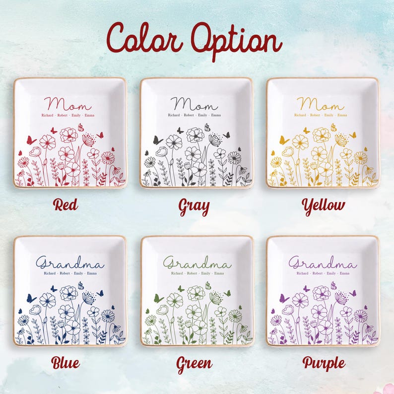 Personalized Grandma Flower Jewelry Dish, Custom Mom Name Trinket Tray, Mother Day Ceramic Gift