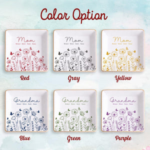 Personalized Grandma Flower Jewelry Dish, Custom Mom Name Trinket Tray, Mother Day Ceramic Gift