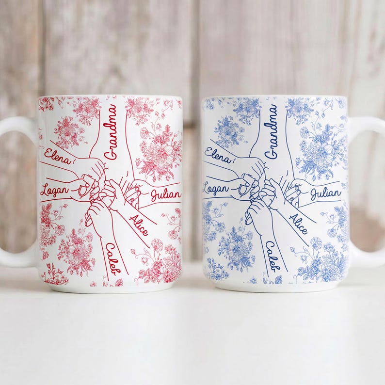 Personalized Holding Hands Grandma Mug, Toile De Jouy Mug Gift for Nana, Mother's Day Gift from Grandkids