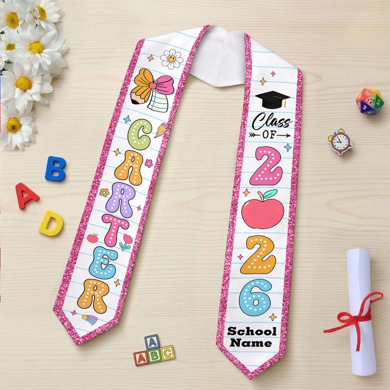 Custom Name Kid Graduation Stole, Grad Gift for Kids, Class of 2026 Kindergarten Stole, Kids Graduation Sash, Preschool Graduation Stole