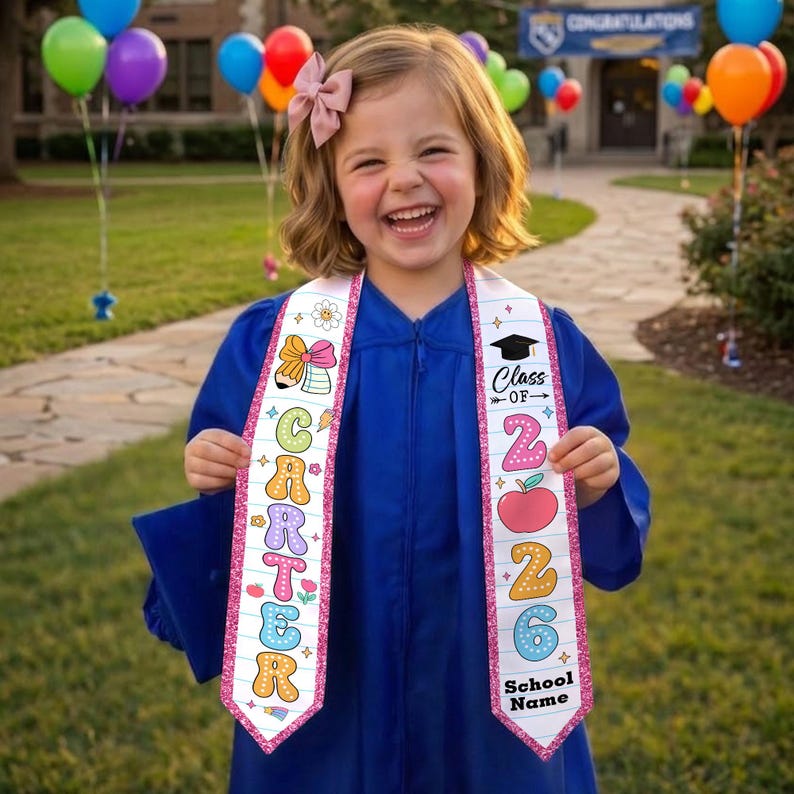 Custom Name Kid Graduation Stole, Grad Gift for Kids, Class of 2026 Kindergarten Stole, Kids Graduation Sash, Preschool Graduation Stole