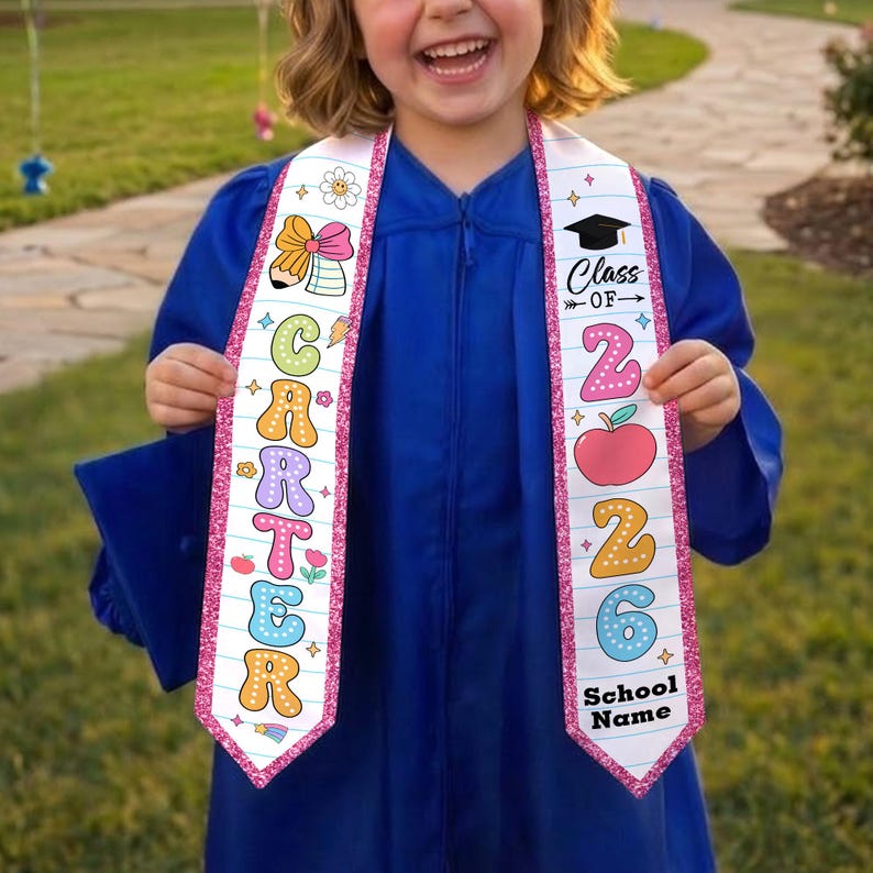 Custom Name Kid Graduation Stole, Grad Gift for Kids, Class of 2026 Kindergarten Stole, Kids Graduation Sash, Preschool Graduation Stole