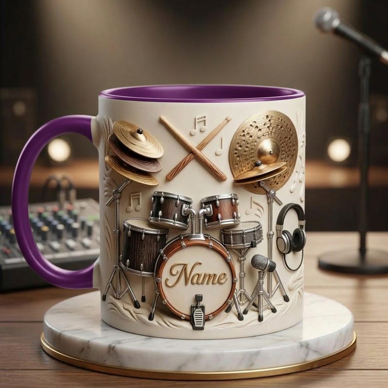 Drummers Mug 3D, Drum Set Coffee Mug, Musician Gift, Faux 3D Mug