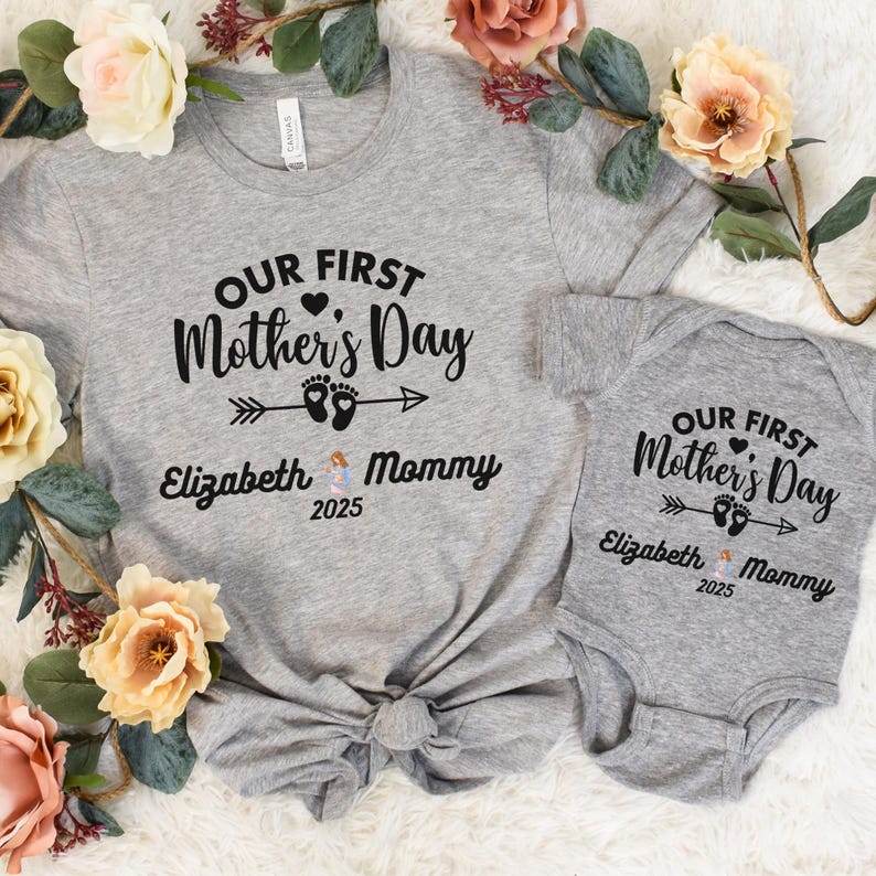 Personalised Matching Our First Mothers Day Shirt, 1st Mother Day Tee and Baby Bodysuit, Custom Mothers Day Gift, Couple New Mom