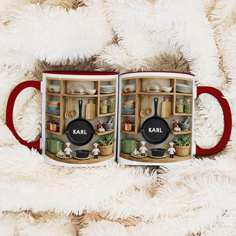 Personalized Chef Mug, Custom Name Kitchen Coffee Cup, 3D Cooking Shelf Design Gift for Dad Husband