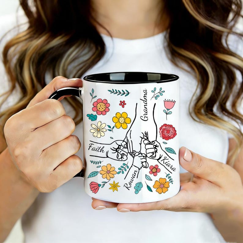 Mother's Day Mom Mug, Personalised Kids Name Coffee Cup, Hand Holding Floral Gift for Mum, Grandma, Nanny, Granny ( up to 6 children )