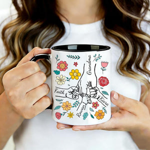 Mother's Day Mom Mug, Personalised Kids Name Coffee Cup, Hand Holding Floral Gift for Mum, Grandma, Nanny, Granny ( up to 6 children )
