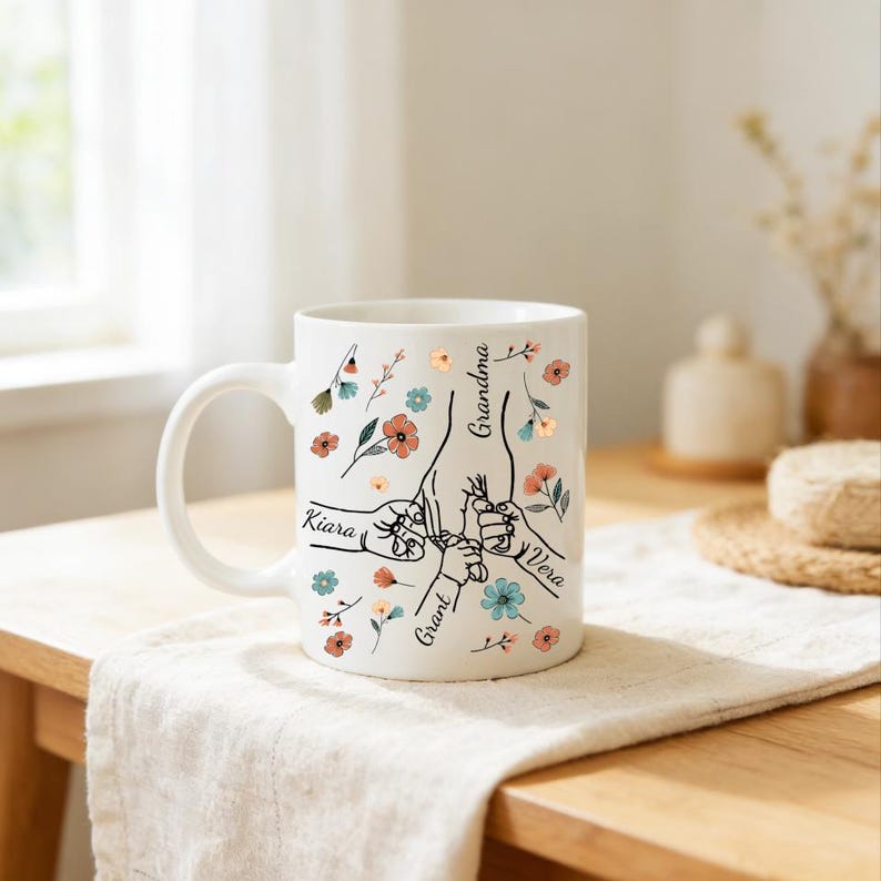 Mother's Day Mom Mug, Personalised Kids Name Coffee Cup, Hand Holding Floral Gift for Mum, Grandma, Nanny, Granny ( up to 6 children )