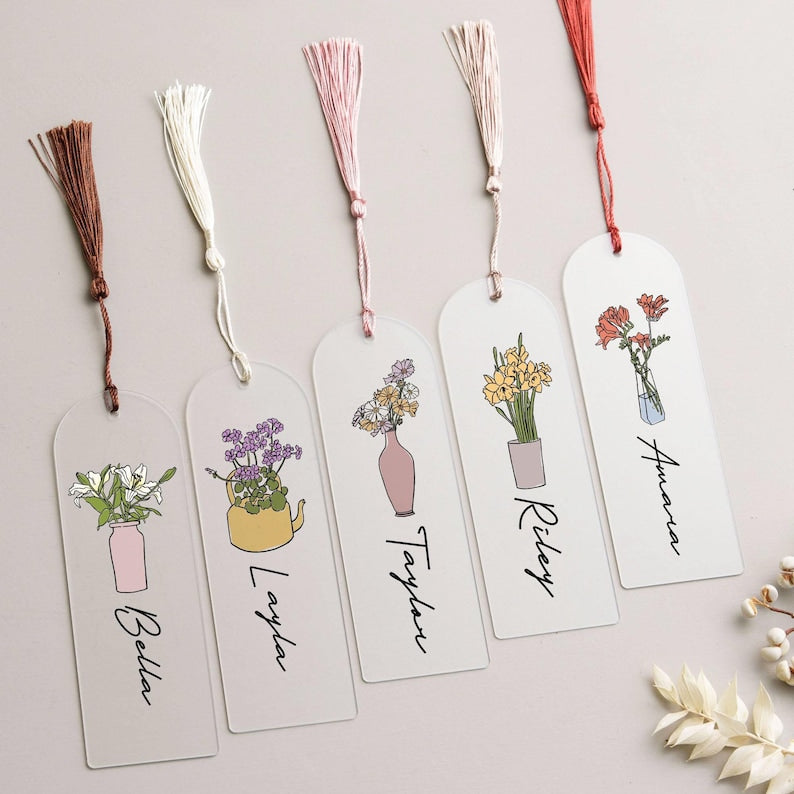 Personalized Birth Flower Acrylic Bookmark, Mothers Day Gift, Birthday Gift for Her, Custom Bookmark, Gifts for Her Bookmark with Tassel