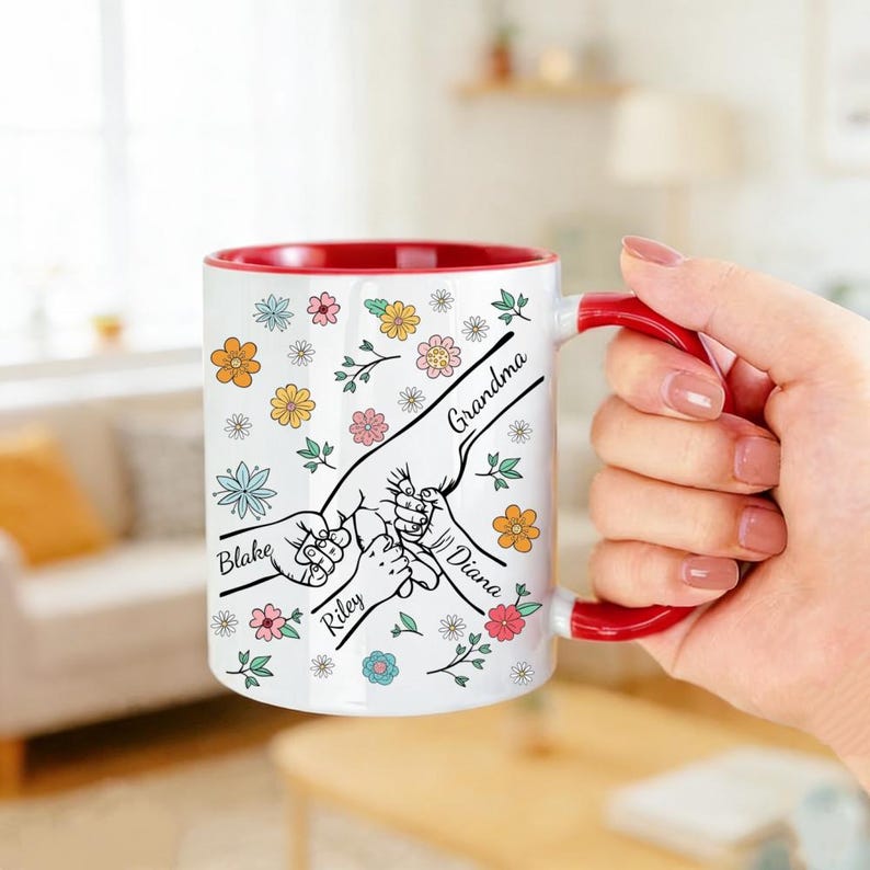Mother's Day Mom Mug, Personalised Kids Name Coffee Cup, Hand Holding Floral Gift for Mum, Grandma, Nanny, Granny ( up to 6 children )