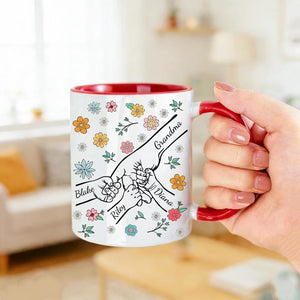 Mother's Day Mom Mug, Personalised Kids Name Coffee Cup, Hand Holding Floral Gift for Mum, Grandma, Nanny, Granny ( up to 6 children )